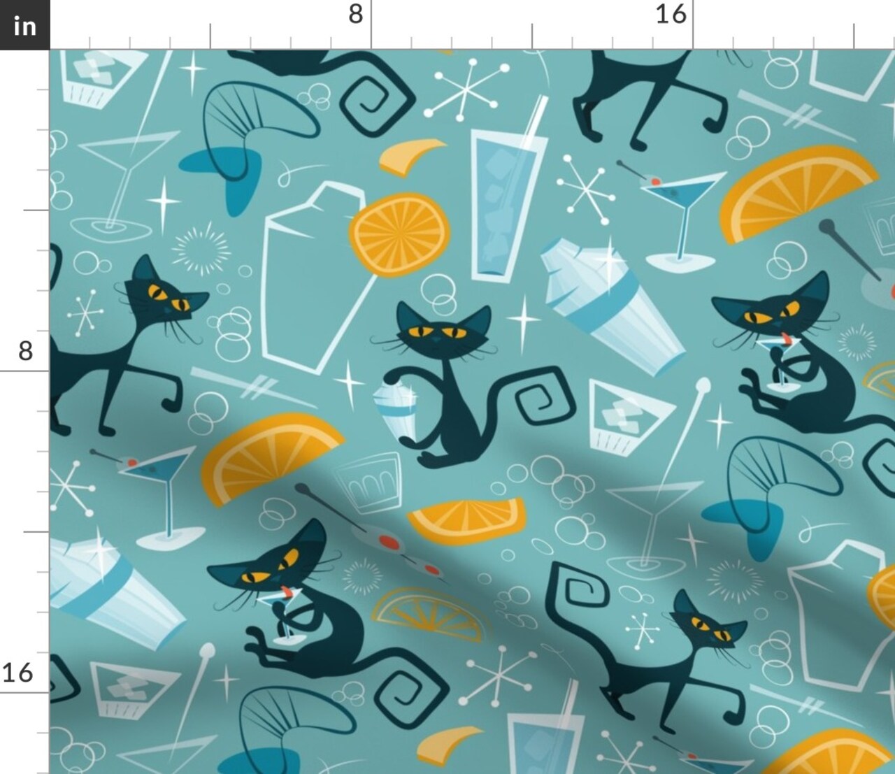 1950S Cats Atomic Mid Century Blue Retro Modern Cocktail Home Decor Fun Custom Printed Fabric by Spoonflower Various Fabrics by the Yard or Fat Quarter